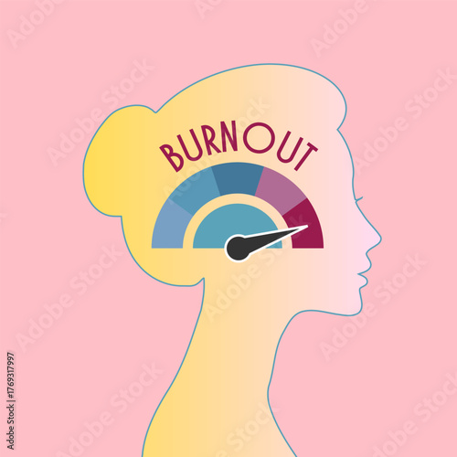 Burnout level meter on a woman head profile view. Workplace issues and work life balance concept illustration.
