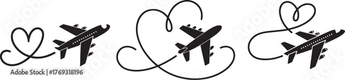 Black and white drawing of three airplanes route line hearts shape vector illustration.