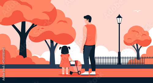 Rear view of a father and his little daughter pushing a toy stroller in a city park, rendered in a modern, flat illustration style with a warm orange palette