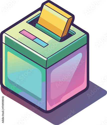 Colorful Ballot Box Illustration with Gradient Design and Yellow Voting Slip