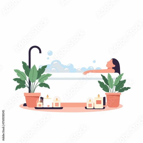 Woman relaxing in bubble bath with candles and plants for spa day