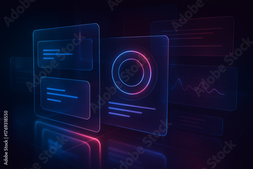 Wallpaper Mural Neon data dashboard with glowing blue, pink and purple panels, central circular gauge, side lists and a line graph on a dark background — futuristic analytics UI. Torontodigital.ca