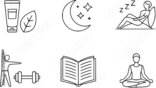 Calm wellness routine icons for healthy lifestyle and self care