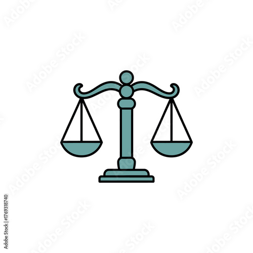 A teal colored balancing scales of justice icon with a black outline presented on a white background