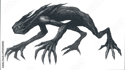 Dark Fantasy Monster Illustration with Reptilian Features and Sharp Claws, Mythical Creature Concept Art in Grayscale