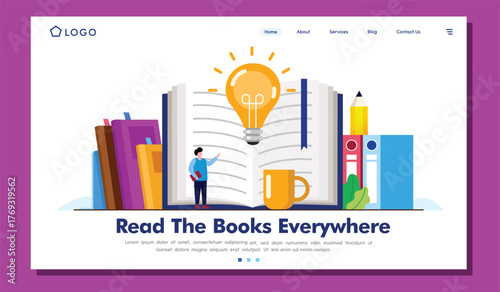 This image illustrates a vibrant library scene featuring a large open book, a light bulb symbolizing ideas, and a person driven by knowledge and motivation to read widely.