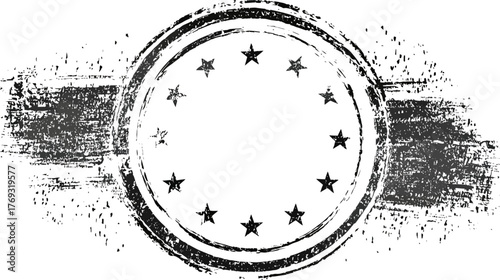 Abstract Distressed Grunge Circle Emblem with Twelve Stars and Rough Texture on White Background