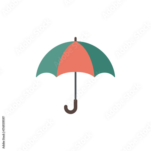 An open umbrella featuring teal and red sections provides shelter from the weather