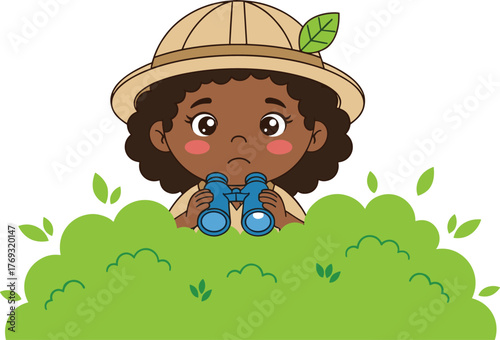 Cartoon child explorer with safari hat and binoculars hiding behind bush in nature adventure scene for kids education and wildlife