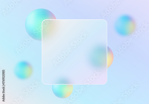 Glass panel with delicate rainbow spheres on a light background is suitable for user interface design, applications or presentations.