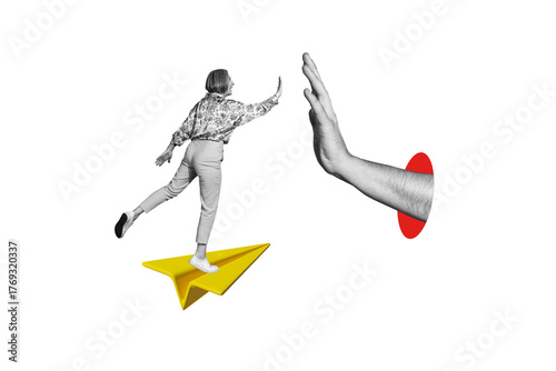 Composite photo collage of happy old woman stand paper plane give high five hand business partner greeting isolated on painted background