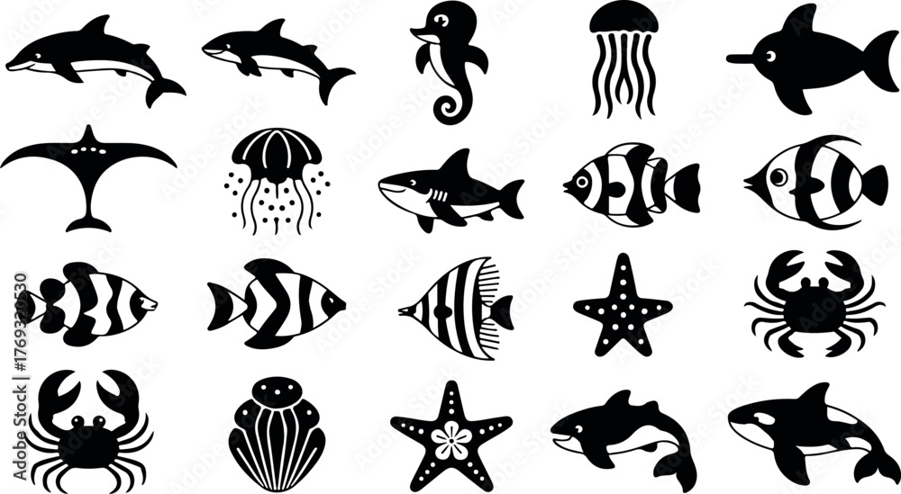 Fototapeta premium Collection of 20 black and white cartoon aquatic animal silhouettes on white background dolphin