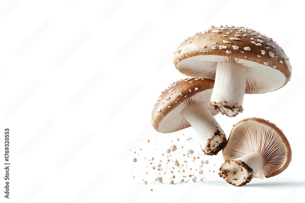 Fototapeta premium Fresh brown mushrooms with soil particles floating in air against white background, isolated composition for food and culinary projects.