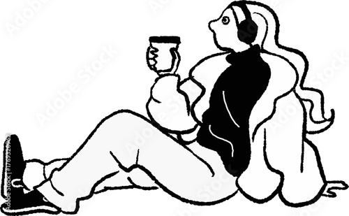 Stylish woman holding coffee while seated vector illustration