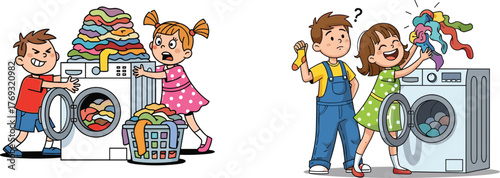Cartoon children doing laundry with washing machines, playful household chore scene, colorful clothes, funny interaction, home activity vector illustration