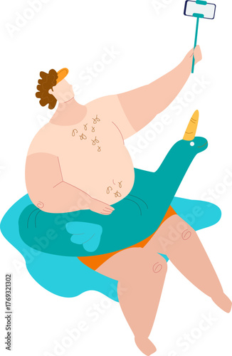 This cheerful image depicts a man floating on a whimsical inflatable, capturing a fun selfie while enjoying a sunny day in a pool, radiating joy and relaxation.