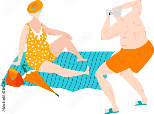 A nostalgic beach scene depicting older adults relaxing under the sun with vibrant beachwear, capturing the joy, freedom, and timelessness of summer leisure.