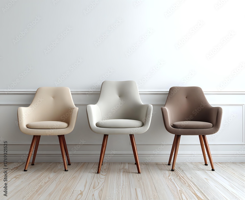 Fototapeta premium Modern upholstered dining chairs with wooden legs in neutral beige, gray and brown colors against white wall and light wooden floor in minimalist interior.