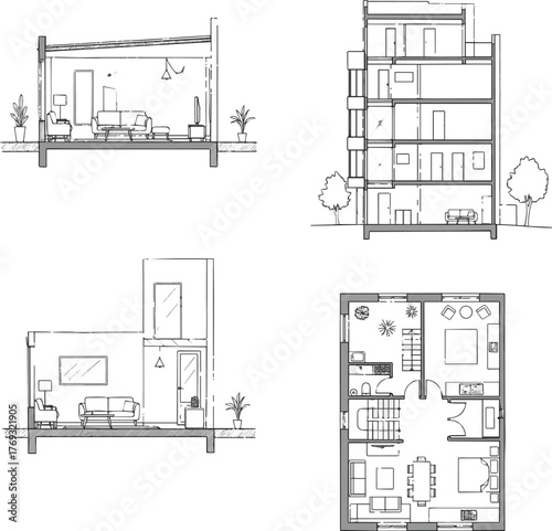 Isolated a kinds of deferent Architectural Drawings, elevation vector interior, living room side view, sofa, rug, tv, Minimal style hand drawn. Sections, Elevations, Floor Plans. vector art .