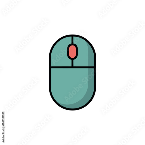 Teal computer mouse with a red scroll wheel on white background