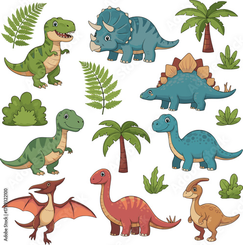 Isolated a kinds of deferent Children dinosaurs set. Collection of cute cartoon dinosaurs and prehistoric plants. Cartoon vector graphics vector art color with white background..