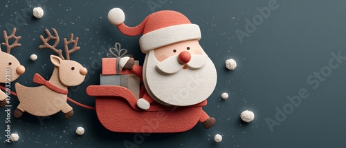 Christmas New Year Colorful Santa Claus in a sleigh with reindeer, surrounded by festive decorations.