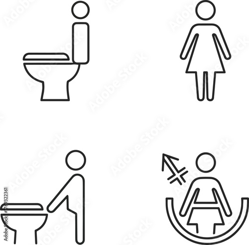 Isolated a kinds of deferent linear-style icon set for wayfinding and signage, featuring symbols like toilet, female, male, unsex pictograms vector art with white background..