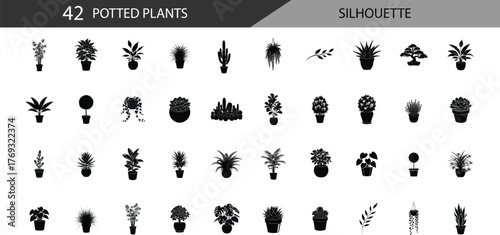 Collection of diverse potted houseplants and decorative plants in silhouette style: Bamboo Plant, Snake Plant, Peace Lily, Spider Plant, Cactus, Hanging Fern, Succulent, Bonsai Tree