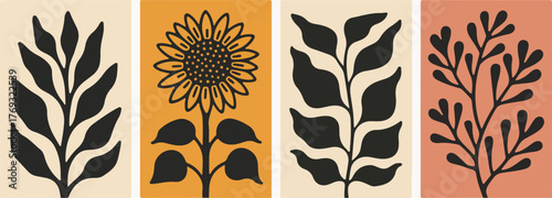 Botanical illustrations of abstract plants with sunflowers and foliage design