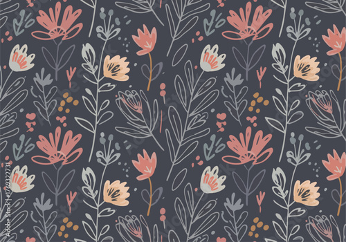 Summer pattern with hydrangea flowers drawn in pencil and watercolor for textiles and design