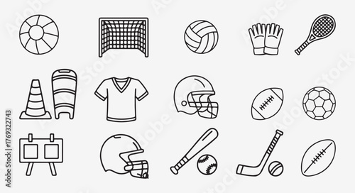 Collection of outline style sports equipment icons for design assets