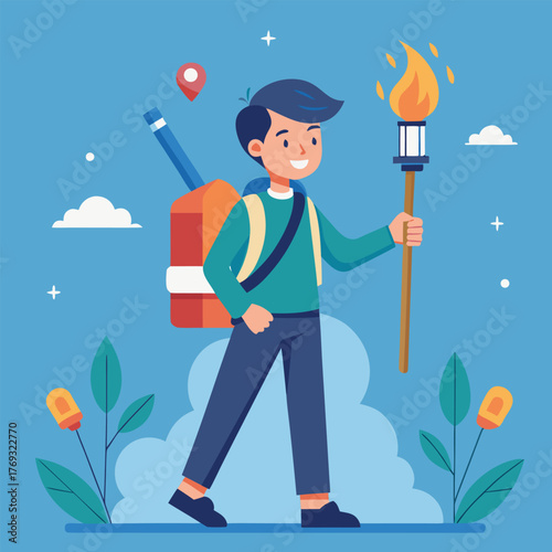 Young adventurer boy with backpack holding a burning torch for exploration and leadership concept illustration vector design