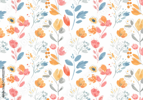 Create a seamless summer floral background with a spring garden theme using watercolor flower patterns. AI generated