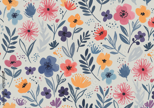 A watercolor texture featuring abstract floral patterns, including yellow flowers, wildflowers, and leaves