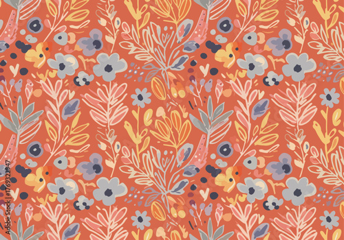 Vintage color seamless pattern with hydrangeas flowers drawn in pencil and watercolor