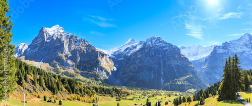 panoramic view of snow capped mountain First with valley in foreground in autumn, Grindelwald, Switzerland