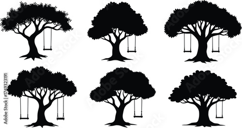 Stylized tree silhouettes with swings, black and white vector design, playful childhood concept 