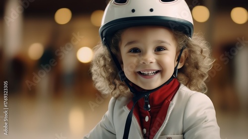 Joyful girl riding a horse during an equitation lesson, wearing a helmet and smiling at the camera