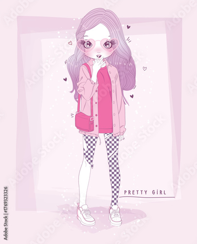 A girl in a pink outfit and quirky accessories navigates a playful vibe, showcasing beauty, concept art, and the spirit of youth in a colorful and fun atmosphere.