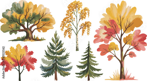 Isolated a kinds of deferent trees set watercolor illustration, hand drawn for architecture or decorative autumn vector art with white background.