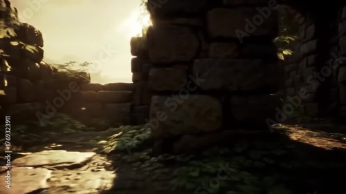 Stone pathway through ruins with foliage and warm sunlight