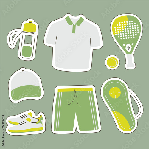 Vector set of stickers with images of paddle and tennis sports equipment, mens sportswear and accessories on a green background.
