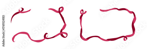 Coquette pink ribbon frame. Vintage girly border for cute whimsical Christmas illustration. Valentine holiday design with feminine bowknot. Pretty aesthetic birthday postcard graphic set in red,