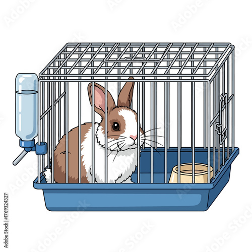 Adorable brown and white bunny rabbit comfortably resting inside a blue cage with water bottle and food dish