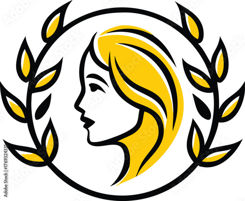 Stylized profile of a blonde woman s head encircled by a laurel wreath symbolizing the zodiac sign virgo and celestial astrology