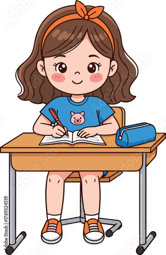 Cartoon girl writing in notebook at school desk with pencil case for classroom education, student study, and learning illustration content