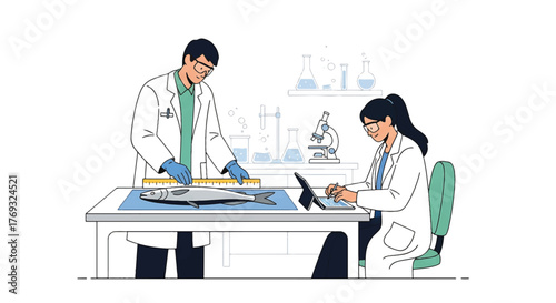Two scientists working together in a lab with a tablet and equipment on a table.