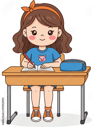 Cartoon girl writing in notebook at school desk with pencil case for classroom education, student study, and learning illustration content