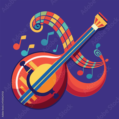 Colorful Banjo with Musical Notes – Stylized Instrument and Abstract Sound Ribbons Vector Illustration