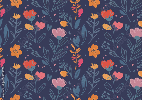Vintage color seamless pattern with hydrangeas flowers drawn in pencil and watercolor